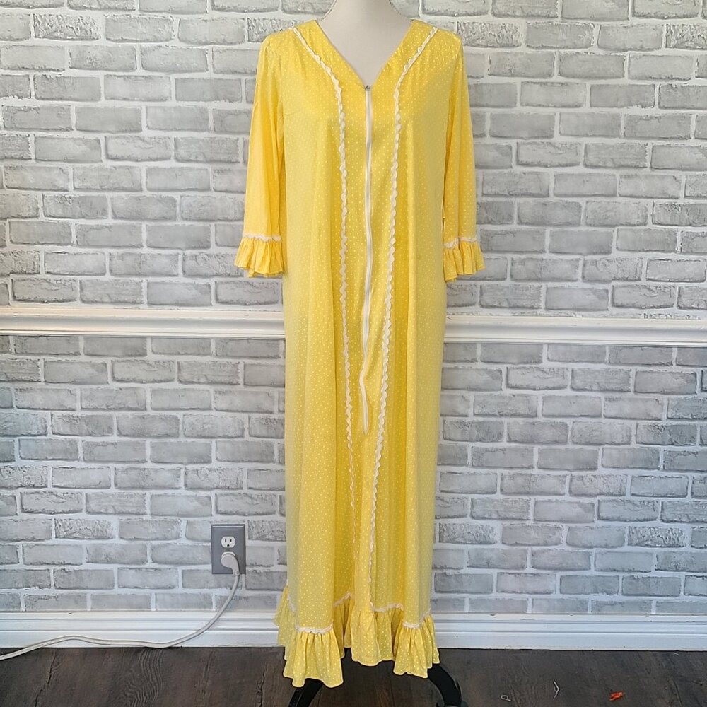 Vintage Riviera Robes Sleepwear Yellow Polkadot Zip Up Ruffles Long Length